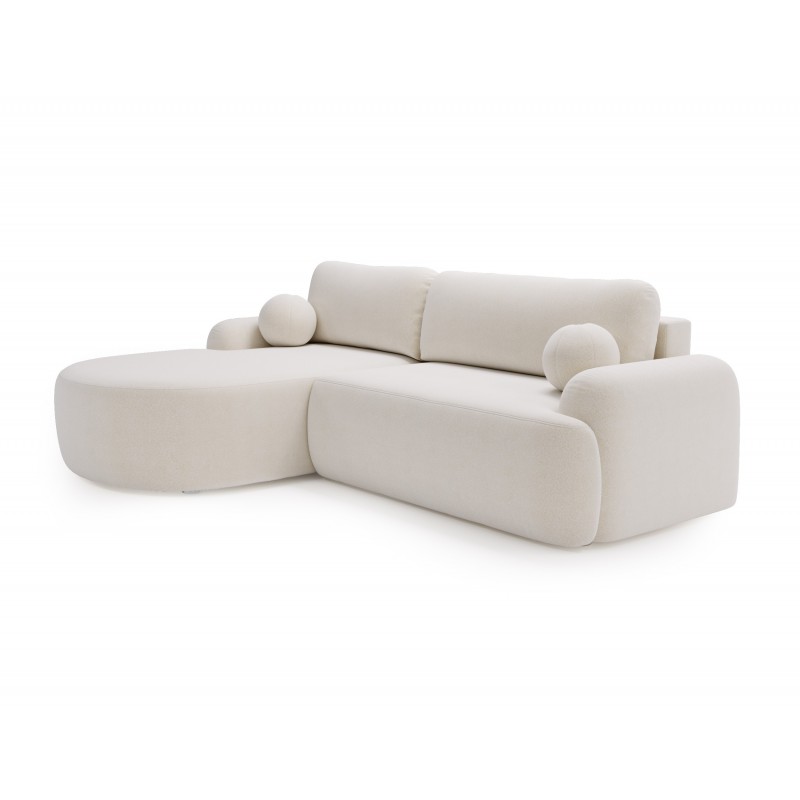 Elegante weiße CLOUDY-Ecke links aus Lammfellstoff mit abgerundeten Seiten und dekorativen kugelförmigen Kissen 1/9