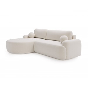 Elegante weiße CLOUDY-Ecke links aus Lammfellstoff mit abgerundeten Seiten und dekorativen kugelförmigen Kissen 1/9
