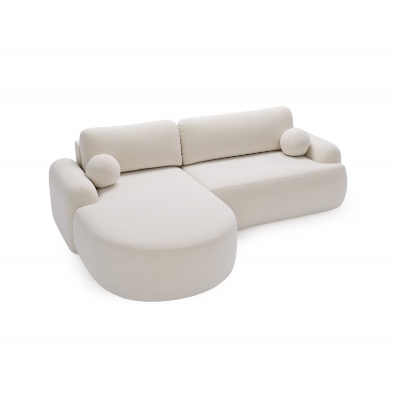 Elegante weiße CLOUDY-Ecke links aus Lammfellstoff mit abgerundeten Seiten und dekorativen kugelförmigen Kissen 4/9
