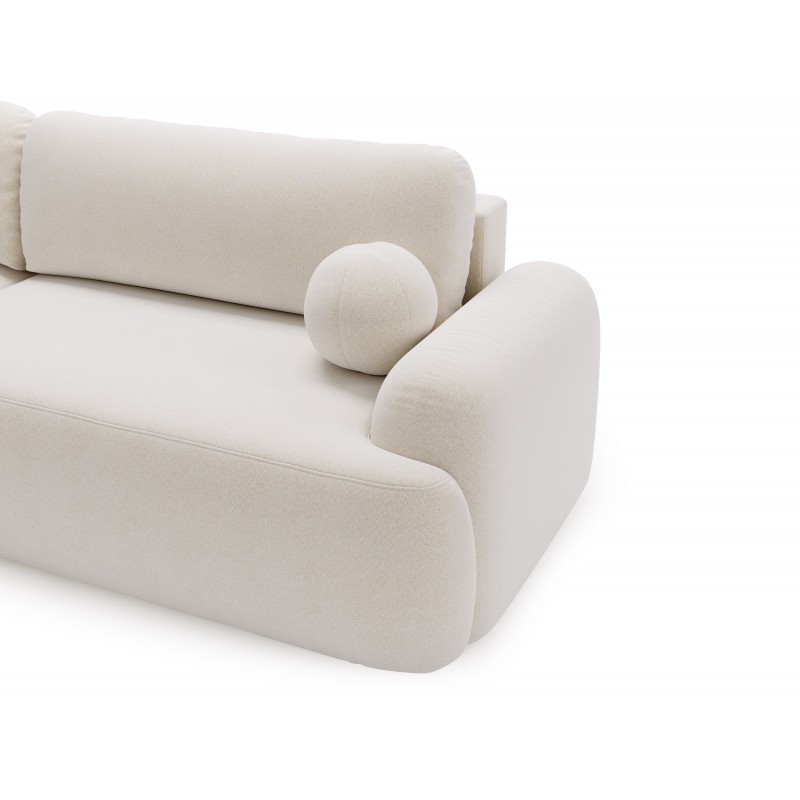 Elegante weiße CLOUDY-Ecke links aus Lammfellstoff mit abgerundeten Seiten und dekorativen kugelförmigen Kissen 5/9