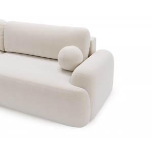 Elegante weiße CLOUDY-Ecke links aus Lammfellstoff mit abgerundeten Seiten und dekorativen kugelförmigen Kissen 5/9