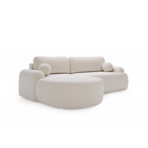 Elegante weiße CLOUDY-Ecke links aus Lammfellstoff mit abgerundeten Seiten und dekorativen kugelförmigen Kissen 6/9