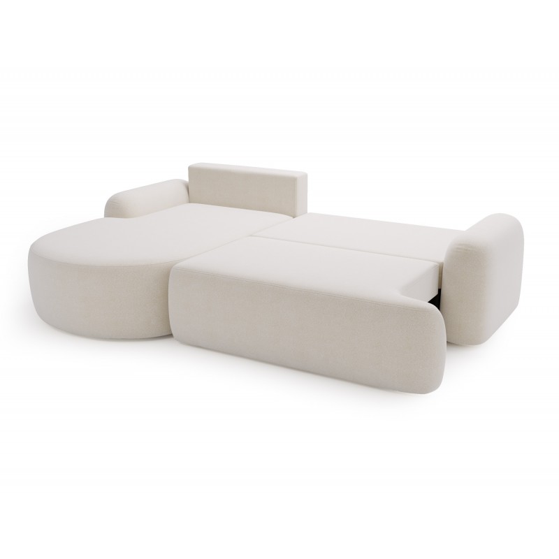 Elegante weiße CLOUDY-Ecke links aus Lammfellstoff mit abgerundeten Seiten und dekorativen kugelförmigen Kissen 7/9
