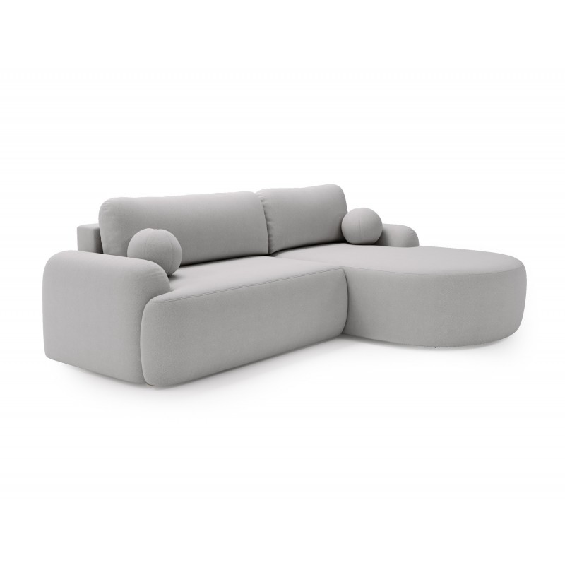 Elegantes hellgraues Ecksofa CLOUDY aus Lammfell mit abgerundeten Seiten und dekorativen kugelförmigen Polstern