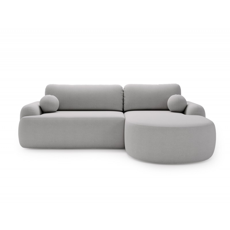 Elegantes hellgraues Ecksofa CLOUDY aus Lammfell mit abgerundeten Seiten und dekorativen kugelförmigen Polstern 2/9