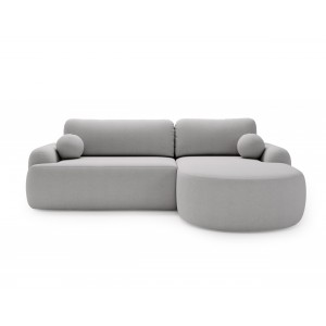 Elegantes hellgraues Ecksofa CLOUDY aus Lammfell mit abgerundeten Seiten und dekorativen kugelförmigen Polstern 2/9
