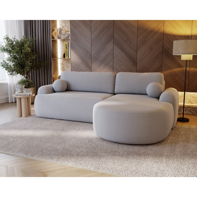 Elegantes hellgraues Ecksofa CLOUDY aus Lammfell mit abgerundeten Seiten und dekorativen kugelförmigen Polstern 3/9