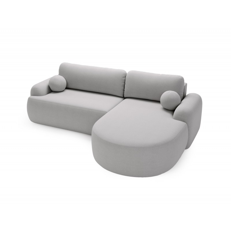 Elegantes hellgraues Ecksofa CLOUDY aus Lammfell mit abgerundeten Seiten und dekorativen kugelförmigen Polstern 5/9