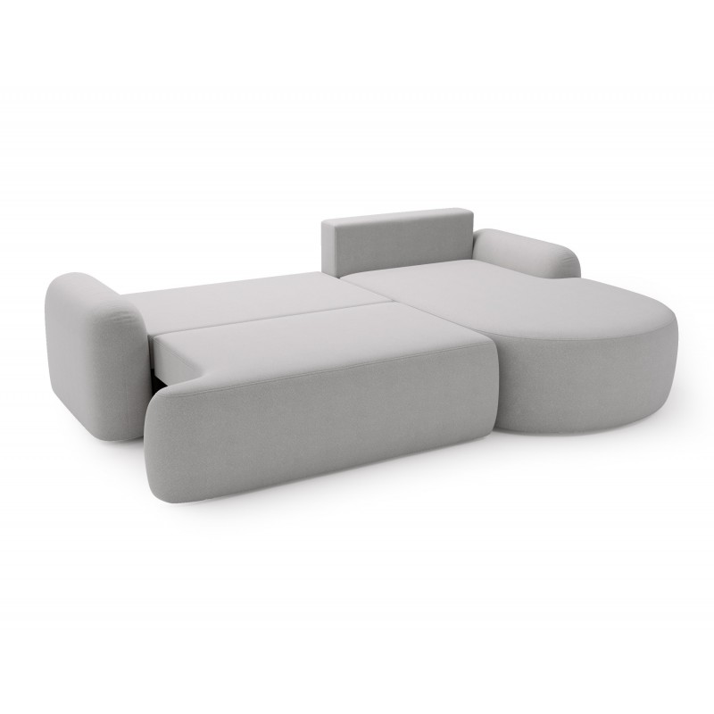 Elegantes hellgraues Ecksofa CLOUDY aus Lammfell mit abgerundeten Seiten und dekorativen kugelförmigen Polstern 6/9