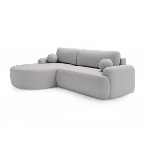 Elegantes hellgraues Ecksofa CLOUDY aus Lammfellstoff mit abgerundeten Seiten und dekorativen kugelförmigen Kissen 1/9