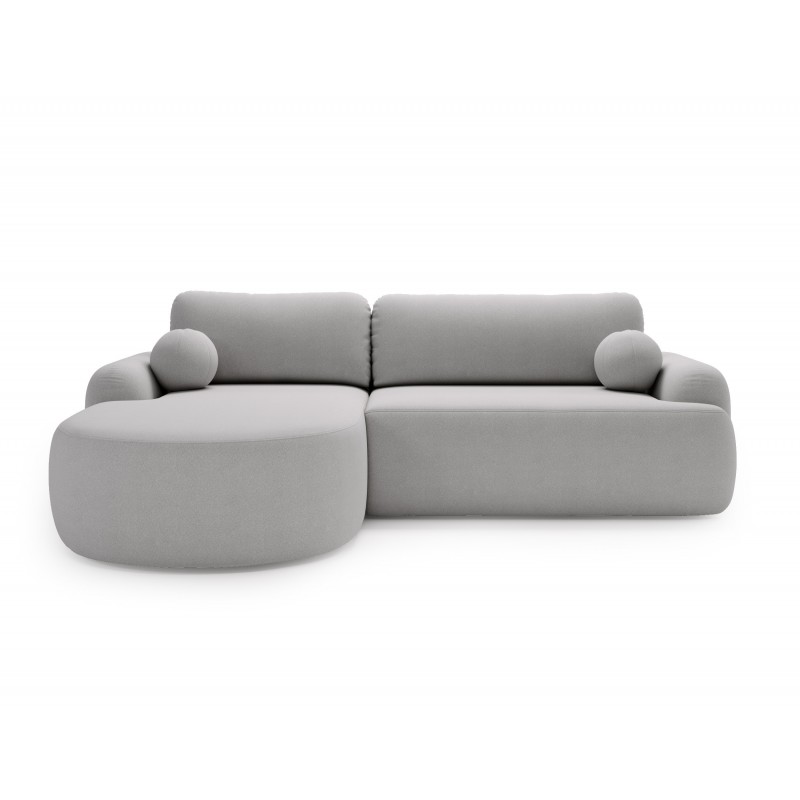Elegantes hellgraues Ecksofa CLOUDY aus Lammfellstoff mit abgerundeten Seiten und dekorativen kugelförmigen Kissen 2/9