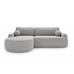 Elegantes hellgraues Ecksofa CLOUDY aus Lammfellstoff mit abgerundeten Seiten und dekorativen kugelförmigen Kissen 2/9