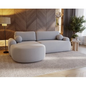 Elegantes hellgraues Ecksofa CLOUDY aus Lammfellstoff mit abgerundeten Seiten und dekorativen kugelförmigen Kissen 3/9