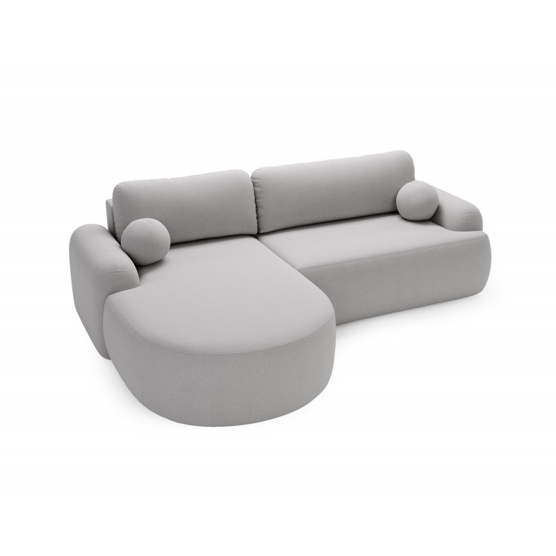Elegantes hellgraues Ecksofa CLOUDY aus Lammfellstoff mit abgerundeten Seiten und dekorativen kugelförmigen Kissen 4/9