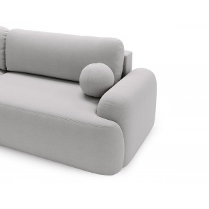 Elegantes hellgraues Ecksofa CLOUDY aus Lammfellstoff mit abgerundeten Seiten und dekorativen kugelförmigen Kissen 5/9