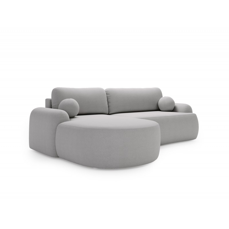 Elegantes hellgraues Ecksofa CLOUDY aus Lammfellstoff mit abgerundeten Seiten und dekorativen kugelförmigen Kissen 6/9