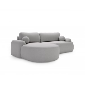 Elegantes hellgraues Ecksofa CLOUDY aus Lammfellstoff mit abgerundeten Seiten und dekorativen kugelförmigen Kissen 6/9