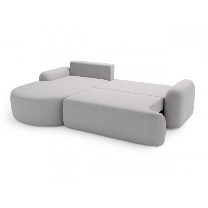 Elegantes hellgraues Ecksofa CLOUDY aus Lammfellstoff mit abgerundeten Seiten und dekorativen kugelförmigen Kissen