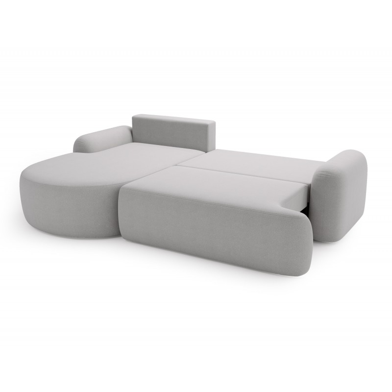 Elegantes hellgraues Ecksofa CLOUDY aus Lammfellstoff mit abgerundeten Seiten und dekorativen kugelförmigen Kissen 7/9