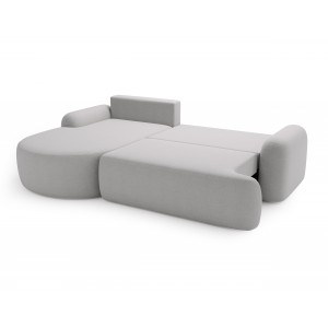 Elegantes hellgraues Ecksofa CLOUDY aus Lammfellstoff mit abgerundeten Seiten und dekorativen kugelförmigen Kissen 7/9