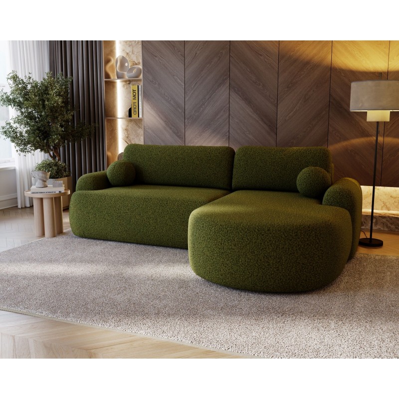 Elegante grüne CLOUDY-Ecke rechts aus Lammfellstoff mit abgerundeten Seiten und dekorativen kugelförmigen Kissen 3/9