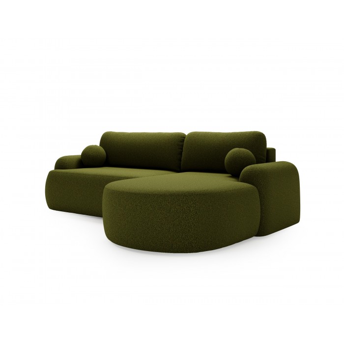 Elegante grüne CLOUDY-Ecke rechts aus Lammfellstoff mit abgerundeten Seiten und dekorativen kugelförmigen Kissen
