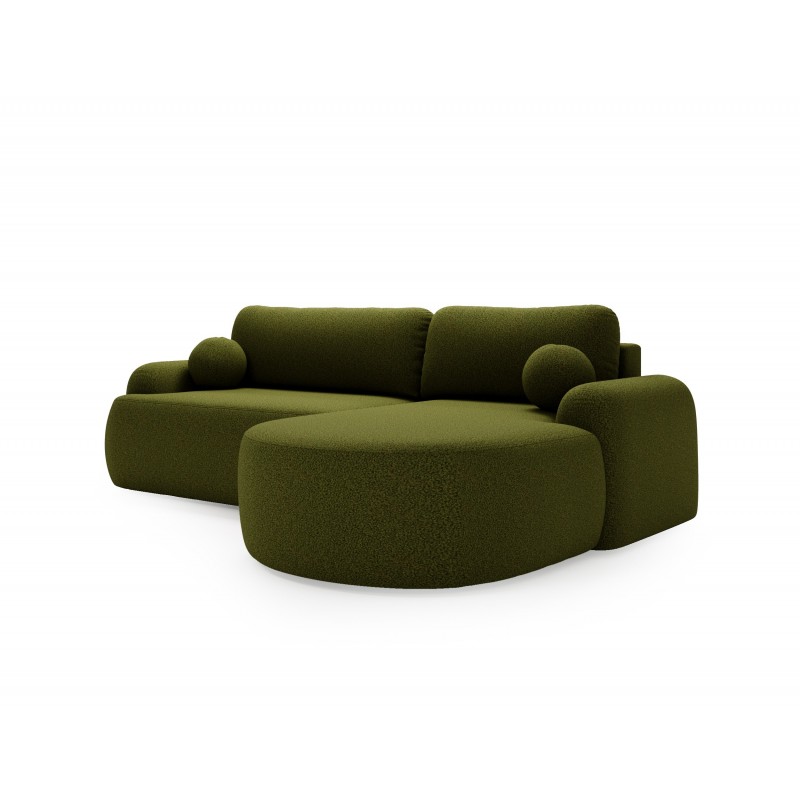 Elegante grüne CLOUDY-Ecke rechts aus Lammfellstoff mit abgerundeten Seiten und dekorativen kugelförmigen Kissen 5/9
