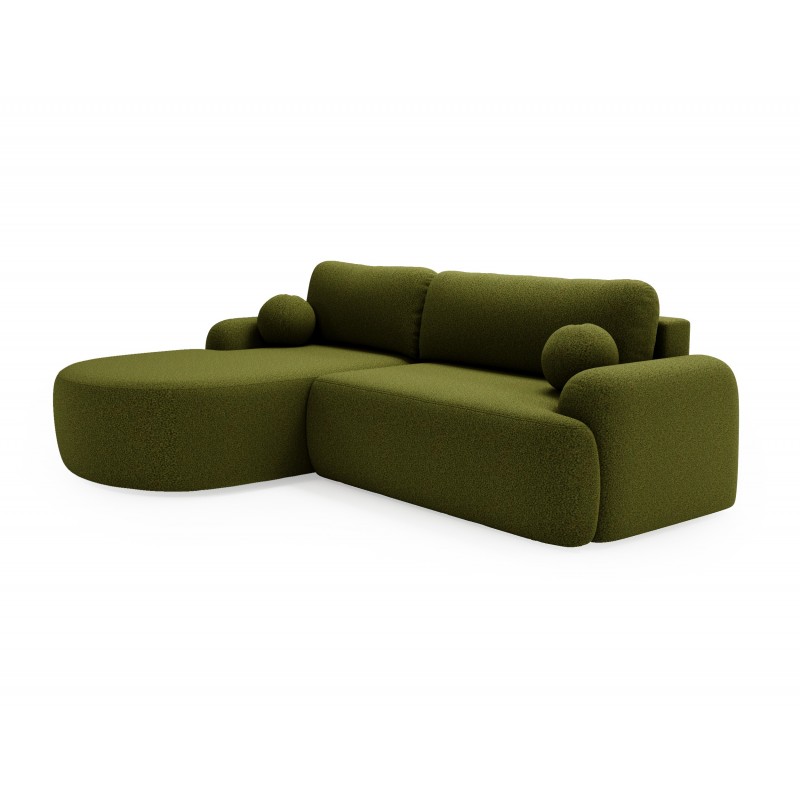 Elegante grüne CLOUDY-Ecke links aus Lammfellstoff mit abgerundeten Seiten und dekorativen kugelförmigen Kissen
