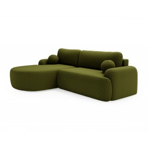 Elegante grüne CLOUDY-Ecke links aus Lammfellstoff mit abgerundeten Seiten und dekorativen kugelförmigen Kissen 1/9
