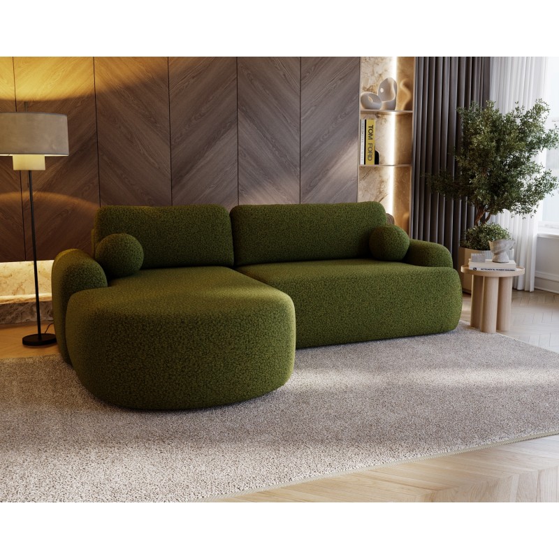 Elegante grüne CLOUDY-Ecke links aus Lammfellstoff mit abgerundeten Seiten und dekorativen kugelförmigen Kissen 3/9