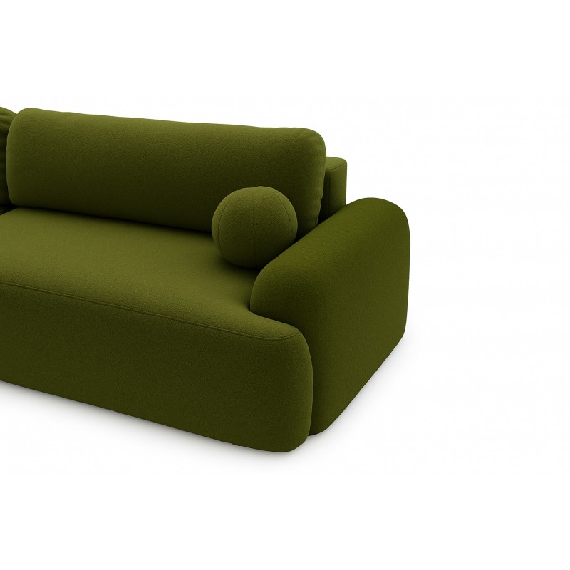 Elegante grüne CLOUDY-Ecke links aus Lammfellstoff mit abgerundeten Seiten und dekorativen kugelförmigen Kissen 4/9
