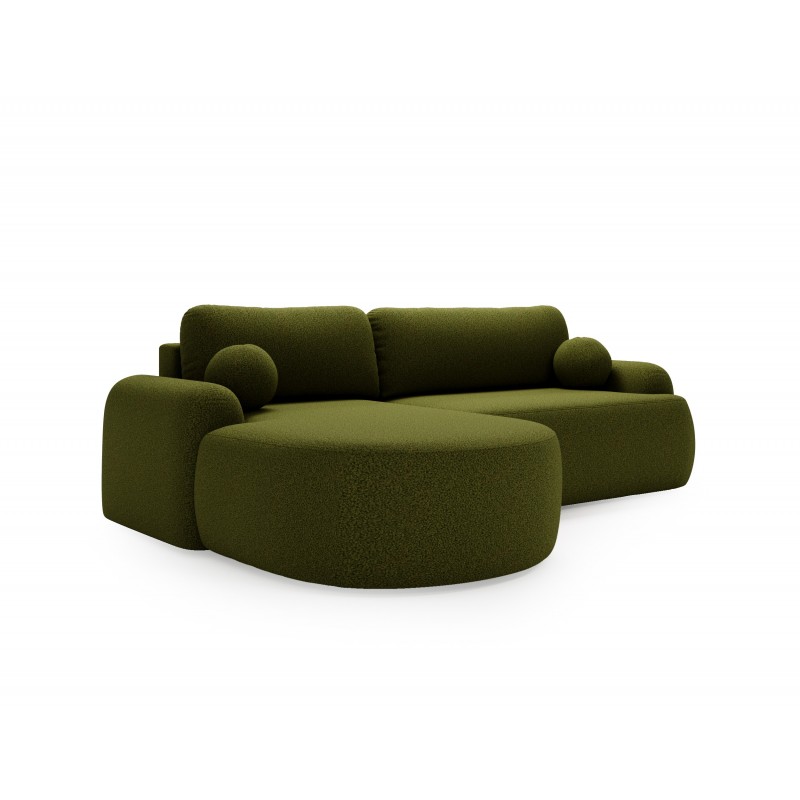 Elegante grüne CLOUDY-Ecke links aus Lammfellstoff mit abgerundeten Seiten und dekorativen kugelförmigen Kissen 5/9