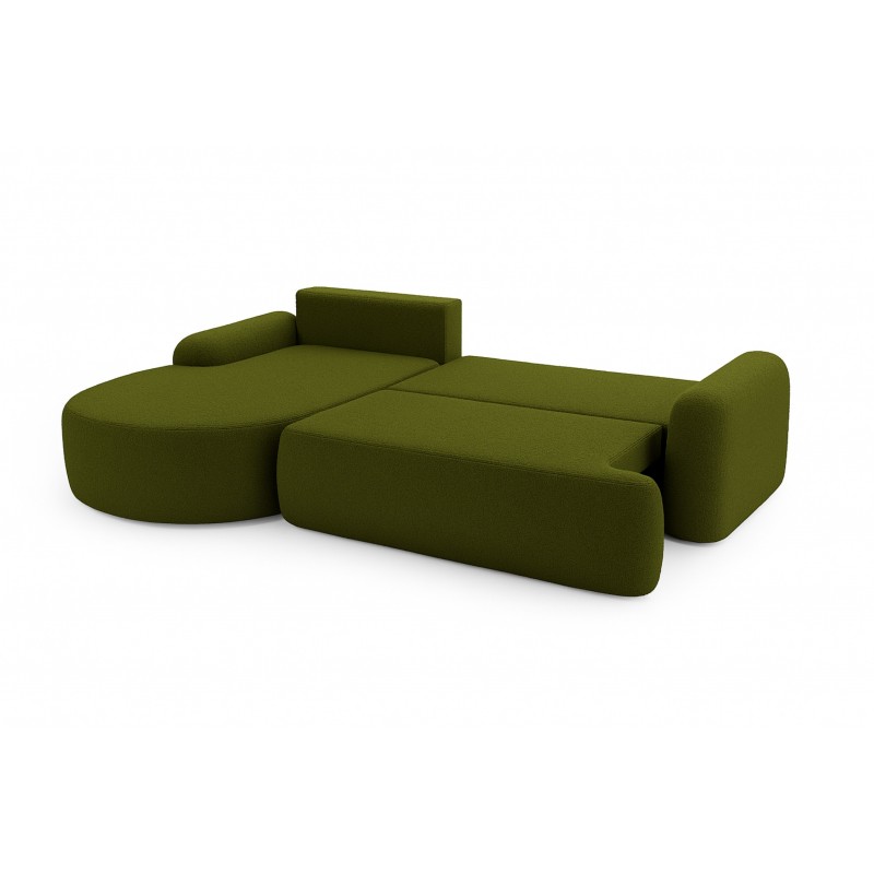 Elegante grüne CLOUDY-Ecke links aus Lammfellstoff mit abgerundeten Seiten und dekorativen kugelförmigen Kissen 6/9