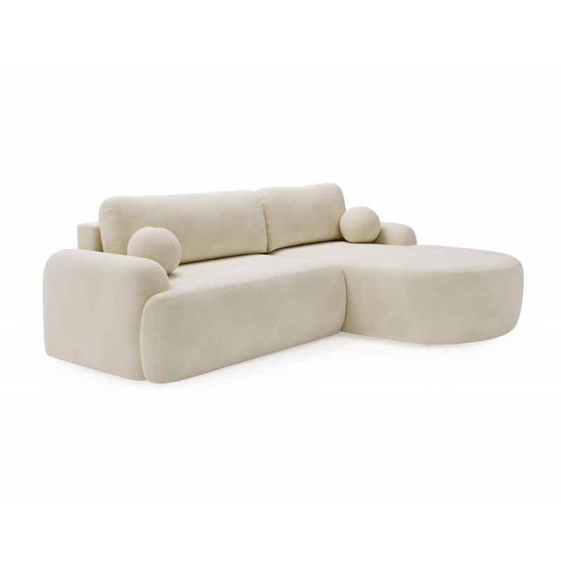 Elegantes cremefarbenes Ecksofa CLOUDY aus Veloursstoff mit abgerundeten Seiten und dekorativen kugelförmigen Polstern