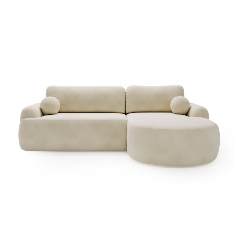 Elegantes cremefarbenes Ecksofa CLOUDY aus Veloursstoff mit abgerundeten Seiten und dekorativen kugelförmigen Polstern 2/9