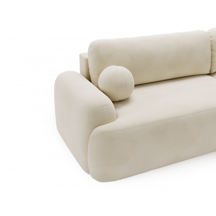 Elegantes cremefarbenes Ecksofa CLOUDY aus Veloursstoff mit abgerundeten Seiten und dekorativen kugelförmigen Polstern