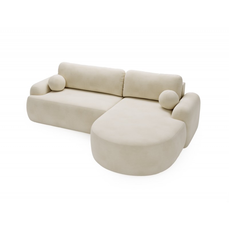 Elegantes cremefarbenes Ecksofa CLOUDY aus Veloursstoff mit abgerundeten Seiten und dekorativen kugelförmigen Polstern 5/9