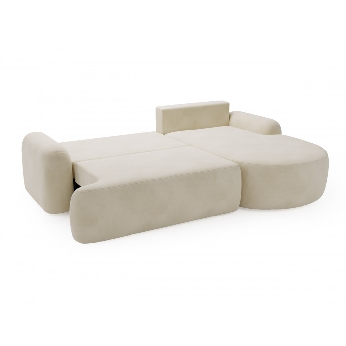 Elegantes cremefarbenes Ecksofa CLOUDY aus Veloursstoff mit abgerundeten Seiten und dekorativen kugelförmigen Polstern