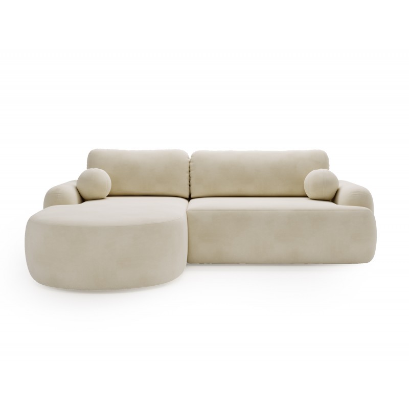 Elegante cremefarbene CLOUDY-Ecke links aus Veloursstoff mit abgerundeten Seiten und dekorativen kugelförmigen Kissen 2/9