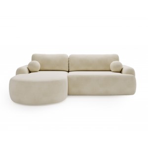 Elegante cremefarbene CLOUDY-Ecke links aus Veloursstoff mit abgerundeten Seiten und dekorativen kugelförmigen Kissen 2/9