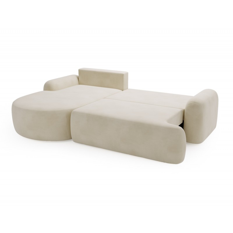 Elegante cremefarbene CLOUDY-Ecke links aus Veloursstoff mit abgerundeten Seiten und dekorativen kugelförmigen Kissen 6/9