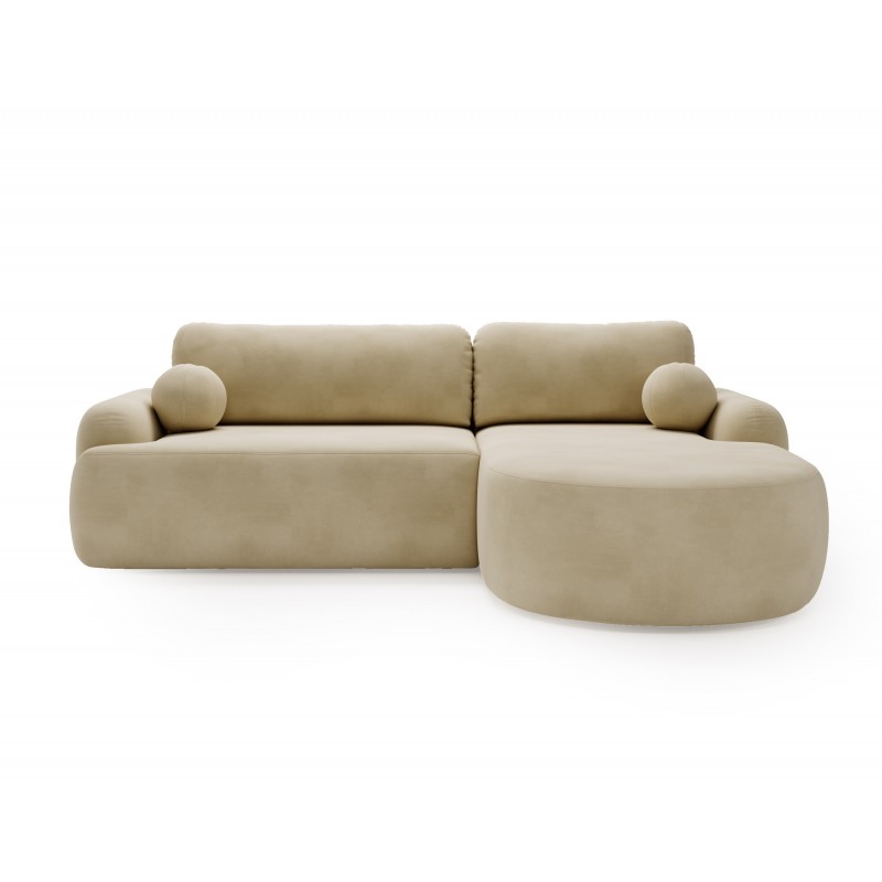 Elegantes, beigefarbenes Ecksofa CLOUDY aus Veloursstoff mit abgerundeten Seiten und kugelförmigen Zierkissen 2/9