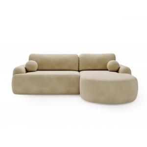 Elegantes, beigefarbenes Ecksofa CLOUDY aus Veloursstoff mit abgerundeten Seiten und kugelförmigen Zierkissen 2/9