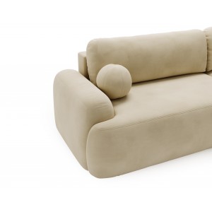 Elegantes, beigefarbenes Ecksofa CLOUDY aus Veloursstoff mit abgerundeten Seiten und kugelförmigen Zierkissen 4/9