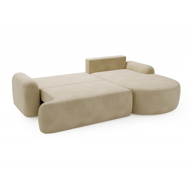 Elegantes, beigefarbenes Ecksofa CLOUDY aus Veloursstoff mit abgerundeten Seiten und kugelförmigen Zierkissen 6/9