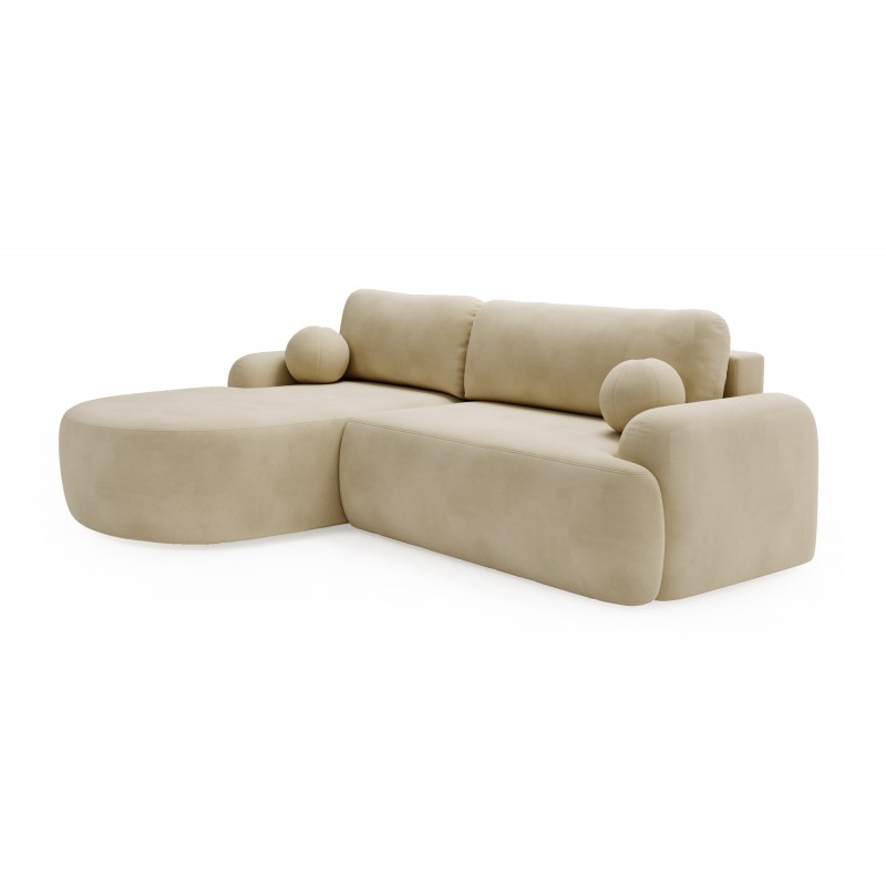 Elegantes beiges Ecksofa CLOUDY aus Veloursstoff mit abgerundeten Seiten und dekorativen kugelförmigen Kissen 1/9