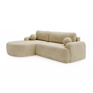 Elegantes beiges Ecksofa CLOUDY aus Veloursstoff mit abgerundeten Seiten und dekorativen kugelförmigen Kissen 1/9