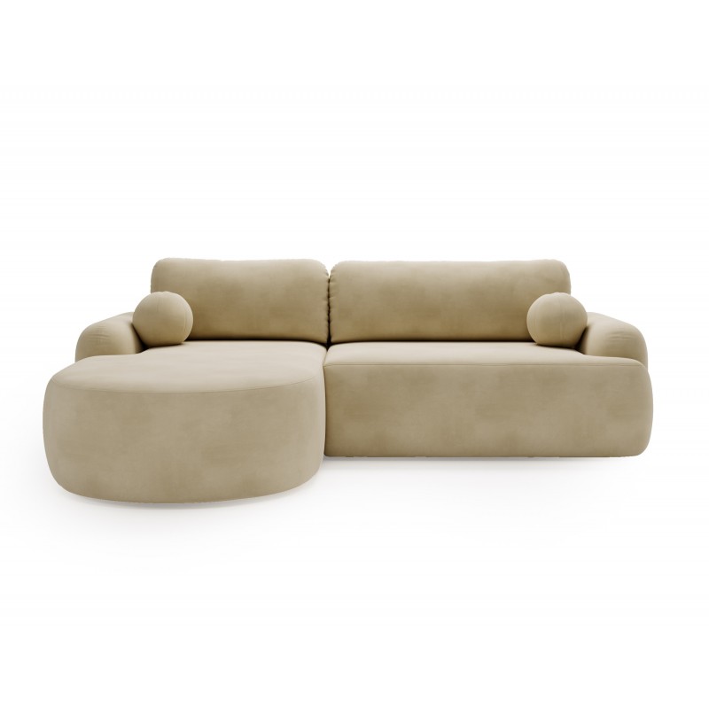 Elegantes beiges Ecksofa CLOUDY aus Veloursstoff mit abgerundeten Seiten und dekorativen kugelförmigen Kissen 2/9