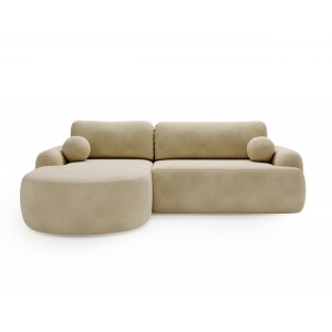 Elegantes beiges Ecksofa CLOUDY aus Veloursstoff mit abgerundeten Seiten und dekorativen kugelförmigen Kissen 2/9