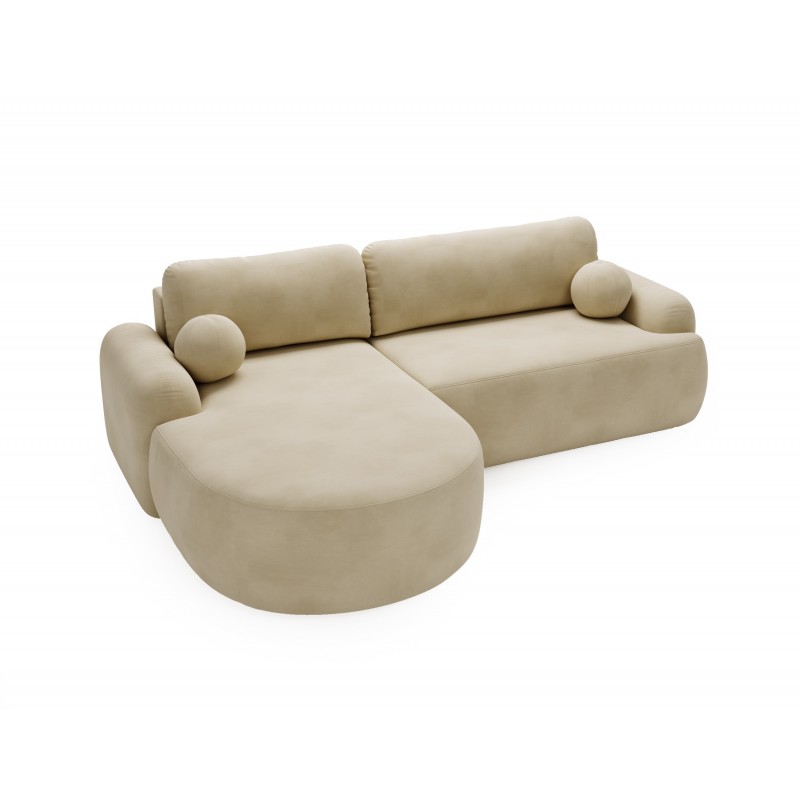 Elegantes beiges Ecksofa CLOUDY aus Veloursstoff mit abgerundeten Seiten und dekorativen kugelförmigen Kissen 5/9